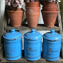 Load image into Gallery viewer, Blue Trio of vintage French enamel canisters
