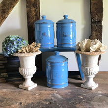 Load image into Gallery viewer, Blue Trio of vintage French enamel canisters