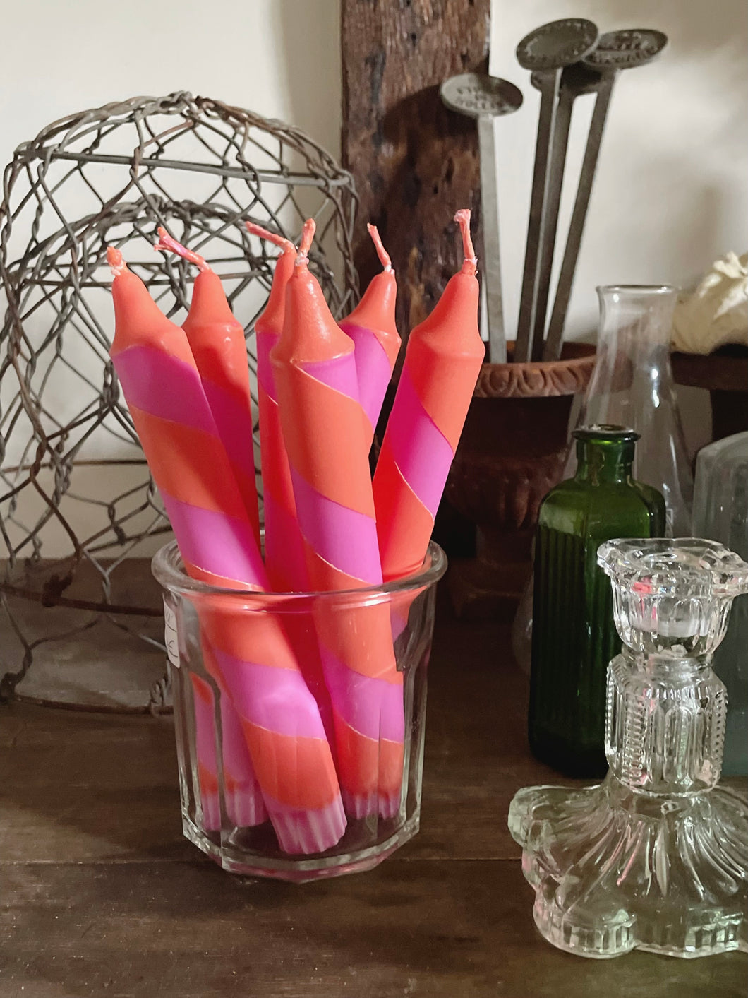 Pink & orange helter skelter candle trio