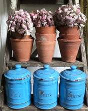 Load image into Gallery viewer, Blue Trio of vintage French enamel canisters
