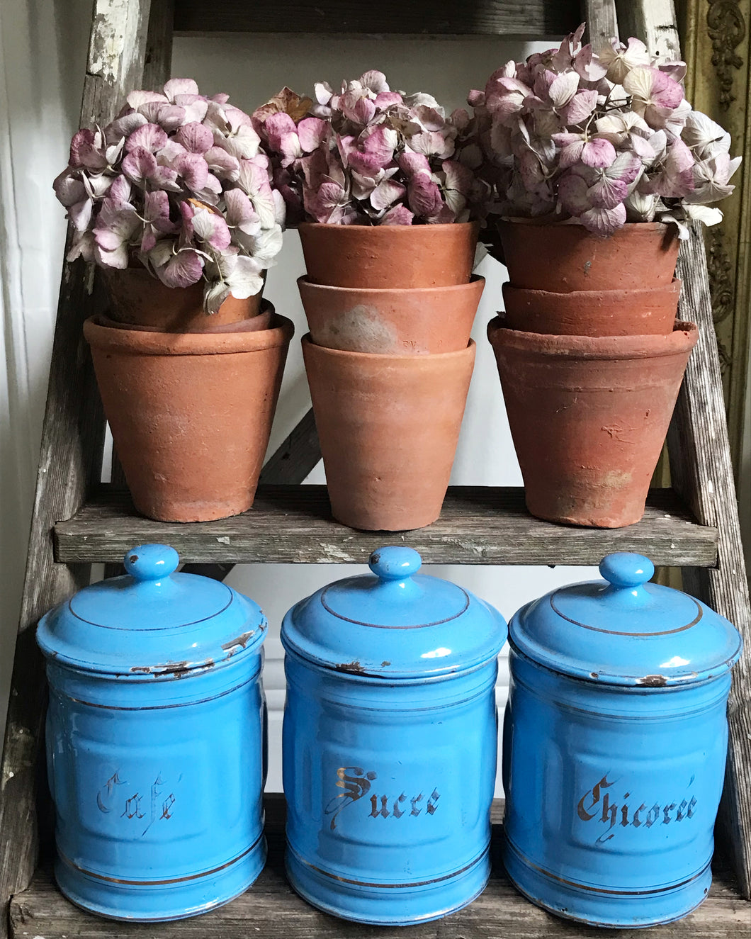 Blue Trio of vintage French enamel canisters